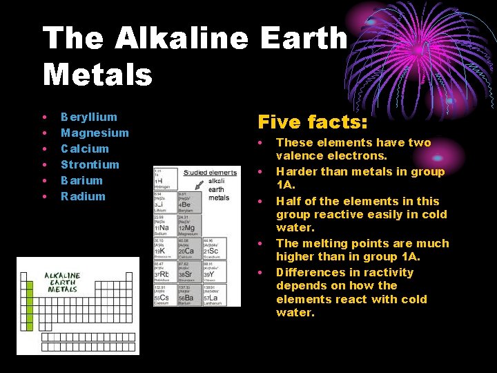 The Alkaline Earth Metals • • • Beryllium Magnesium Calcium Strontium Barium Radium Five