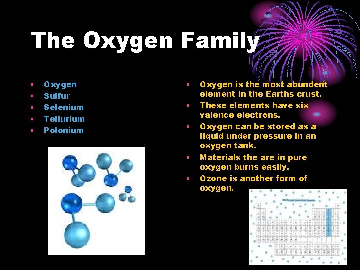 The Oxygen Family • • • Oxygen Sulfur Selenium Tellurium Polonium • • •