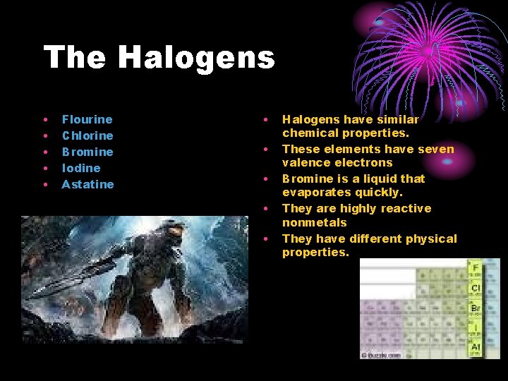 The Halogens • • • Flourine Chlorine Bromine Iodine Astatine • • • Halogens
