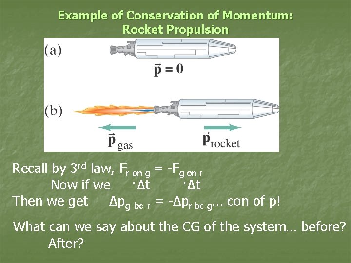 Example of Conservation of Momentum: Rocket Propulsion Recall by 3 rd law, Fr on