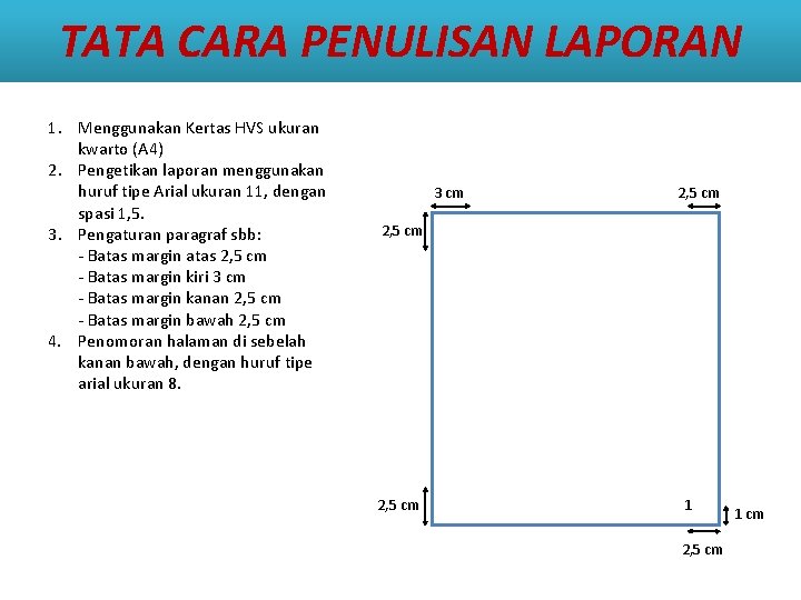 TATA CARA PENULISAN LAPORAN 1. Menggunakan Kertas HVS ukuran kwarto (A 4) 2. Pengetikan