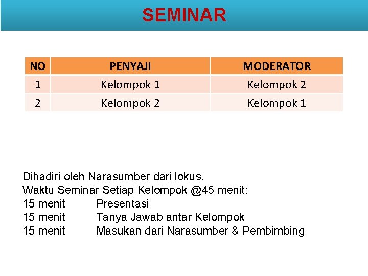 SEMINAR NO 1 2 PENYAJI Kelompok 1 Kelompok 2 MODERATOR Kelompok 2 Kelompok 1