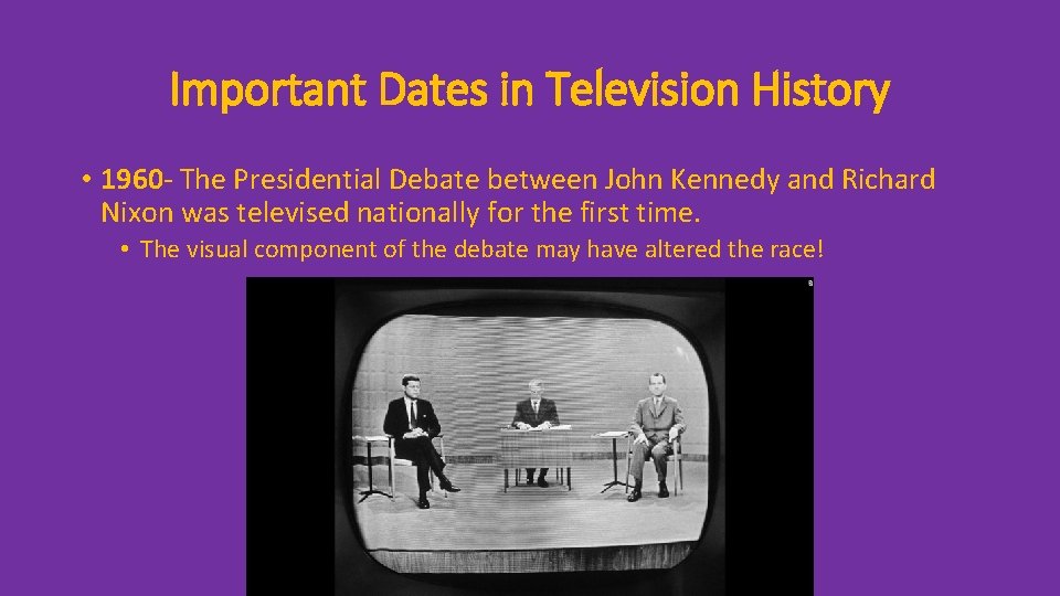 Important Dates in Television History • 1960 - The Presidential Debate between John Kennedy