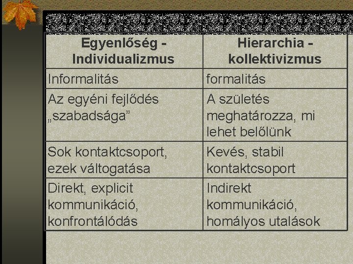 Egyenlőség Individualizmus Informalitás Az egyéni fejlődés „szabadsága” Sok kontaktcsoport, ezek váltogatása Direkt, explicit kommunikáció,