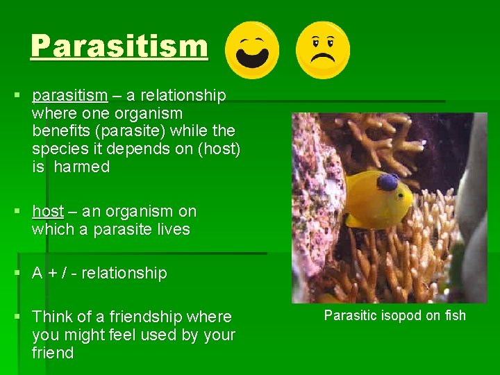 Parasitism § parasitism – a relationship where one organism benefits (parasite) while the species