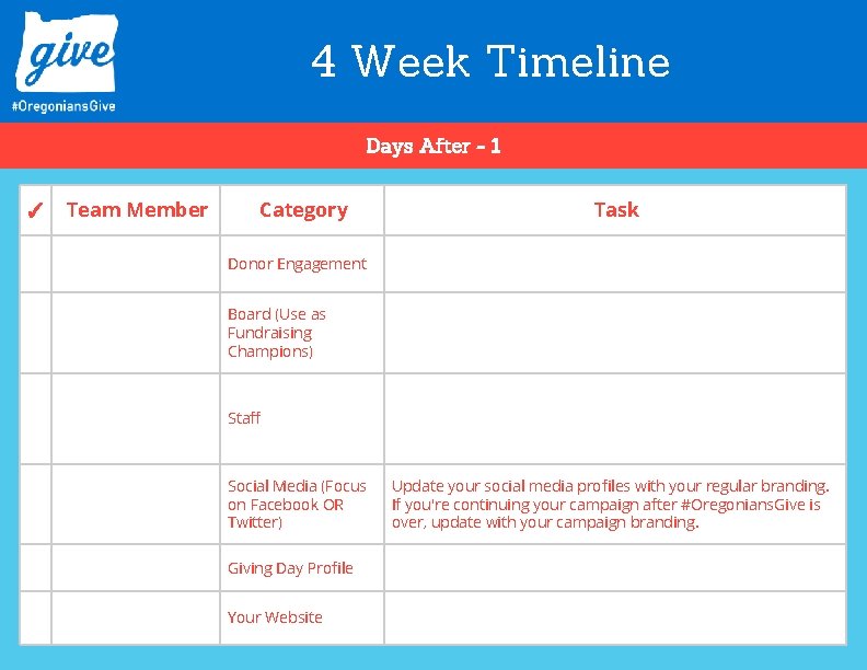 4 Week Timeline Days After - 1 ✓ Team Member Category Task Donor Engagement