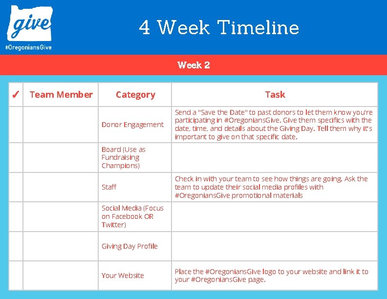 4 Week Timeline Week 2 ✓ Team Member Category Donor Engagement Task Send a