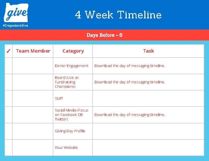 4 Week Timeline Days Before - 6 ✓ Team Member Category Task Donor Engagement