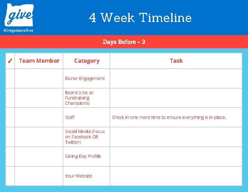 4 Week Timeline Days Before - 3 ✓ Team Member Category Task Donor Engagement