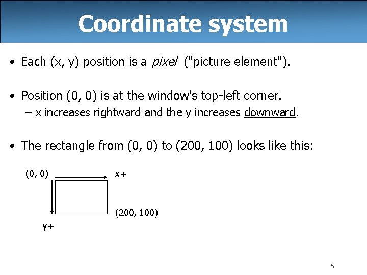 Coordinate system • Each (x, y) position is a pixel ("picture element"). • Position