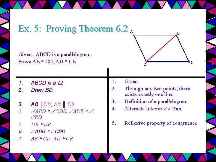 Ex. 5: Proving Theorem 6. 2 Given: ABCD is a parallelogram. Prove AB ≅