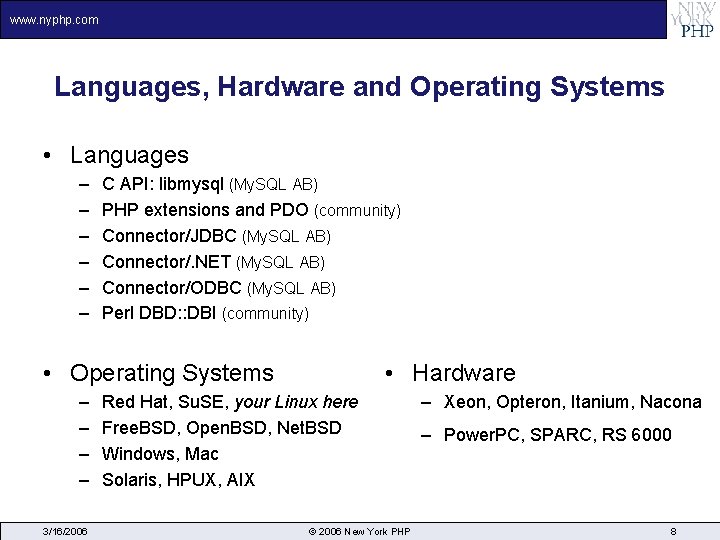 www. nyphp. com Languages, Hardware and Operating Systems • Languages – – – C