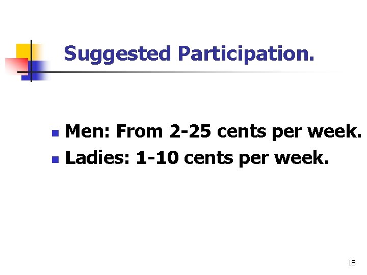 Suggested Participation. Men: From 2 -25 cents per week. n Ladies: 1 -10 cents