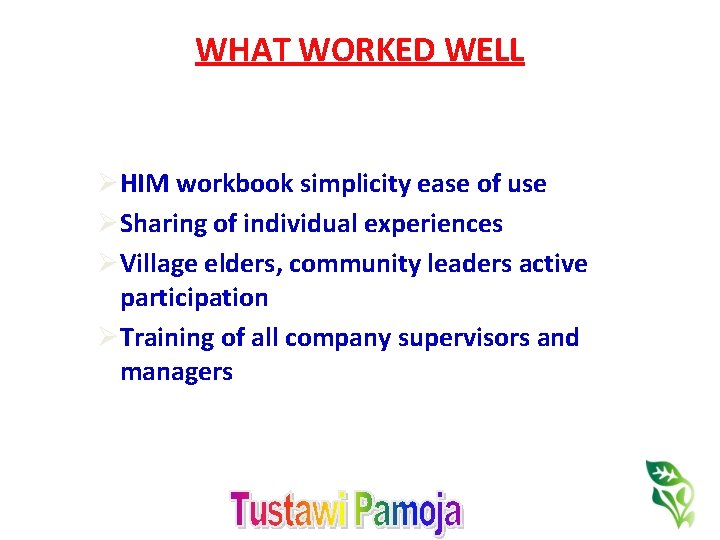 WHAT WORKED WELL ØHIM workbook simplicity ease of use ØSharing of individual experiences ØVillage