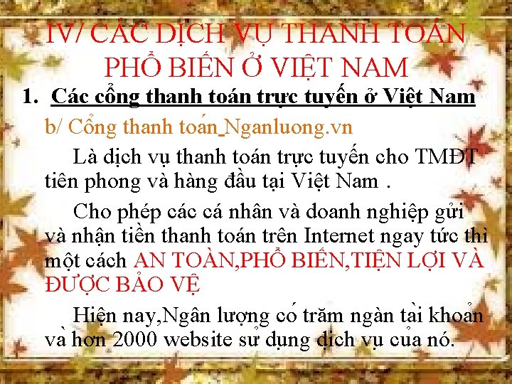 IV/ CÁC DỊCH VỤ THANH TOÁN PHỔ BIẾN Ở VIỆT NAM 1. Các cổng