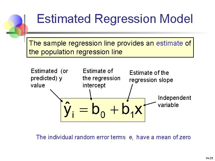 Estimated Regression Model The sample regression line provides an estimate of the population regression