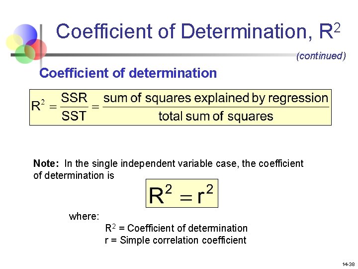 Coefficient of Determination, R 2 (continued) Coefficient of determination Note: In the single independent
