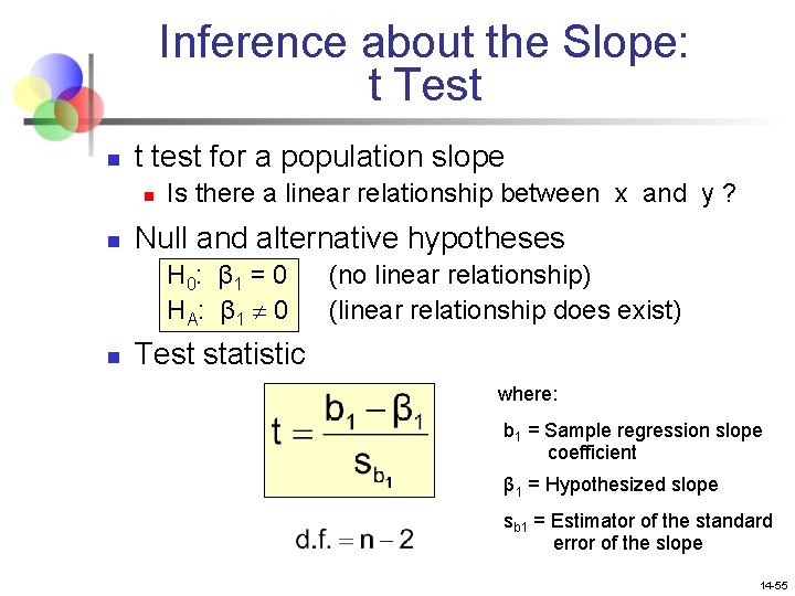 Inference about the Slope: t Test n t test for a population slope n