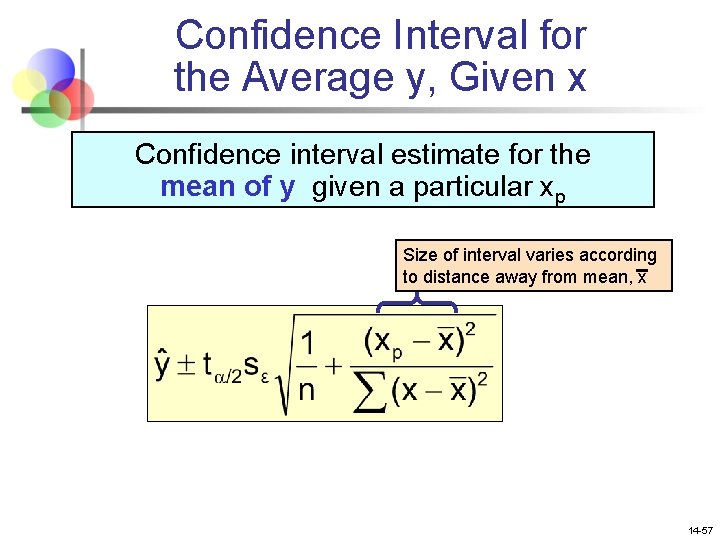 Confidence Interval for the Average y, Given x Confidence interval estimate for the mean