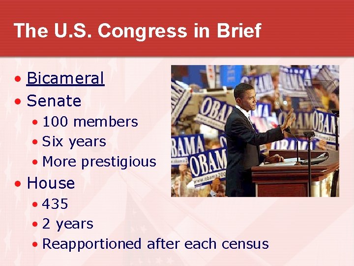 The U. S. Congress in Brief • Bicameral • Senate • 100 members •
