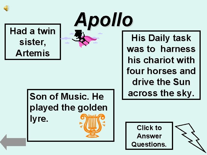 Had a twin sister, Artemis Apollo Son of Music. He played the golden lyre.