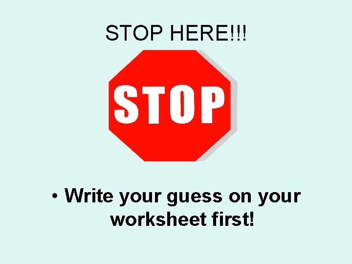 STOP HERE!!! • Write your guess on your worksheet first! 