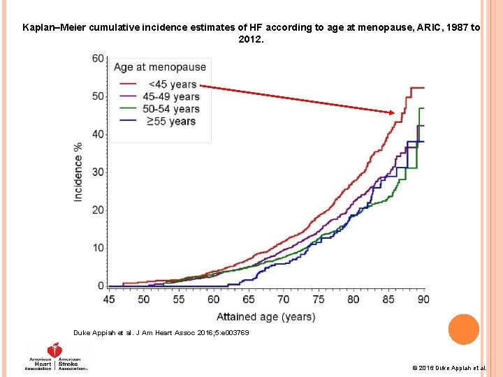 Kaplan–Meier cumulative incidence estimates of HF according to age at menopause, ARIC, 1987 to