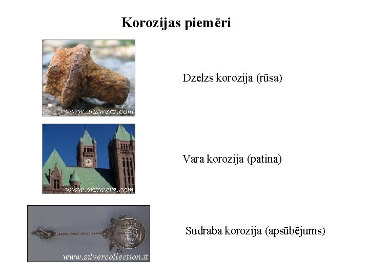 Korozijas piemēri Dzelzs korozija (rūsa) www. answers. com Vara korozija (patina) www. answers. com