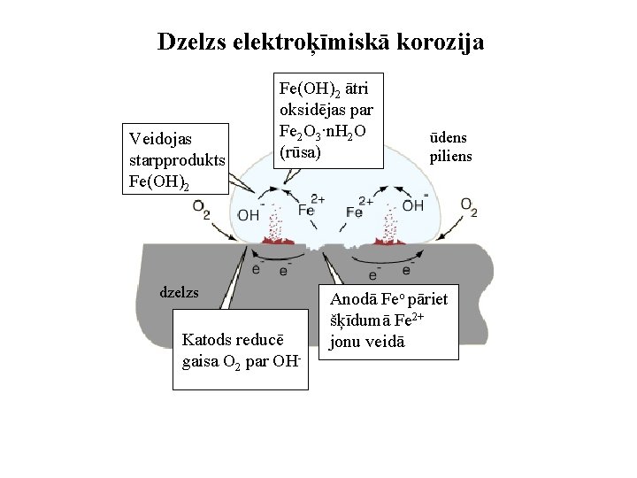 Dzelzs elektroķīmiskā korozija Veidojas starpprodukts Fe(OH)2 ātri oksidējas par Fe 2 O 3∙n. H