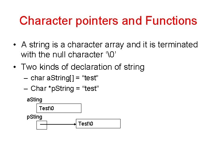 Character pointers and Functions • A string is a character array and it is