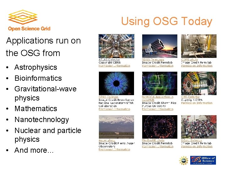 Using OSG Today Applications run on the OSG from • Astrophysics • Bioinformatics •