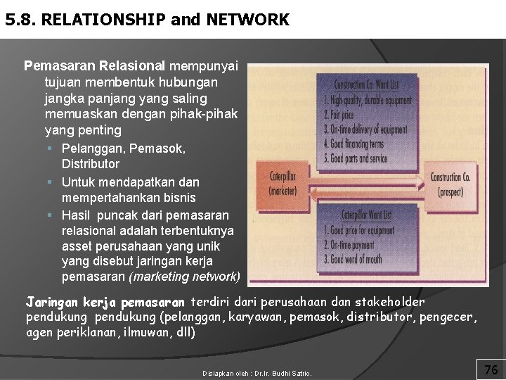5. 8. RELATIONSHIP and NETWORK Pemasaran Relasional mempunyai tujuan membentuk hubungan jangka panjang yang