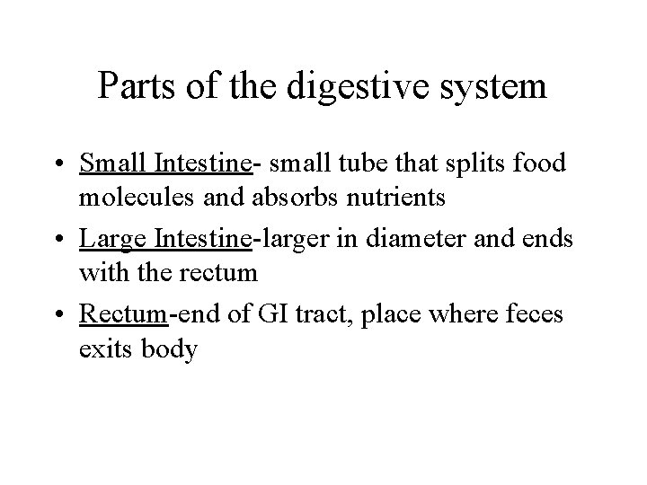 Parts of the digestive system • Small Intestine- small tube that splits food molecules Parts of the digestive system • Small Intestine- small tube that splits food molecules