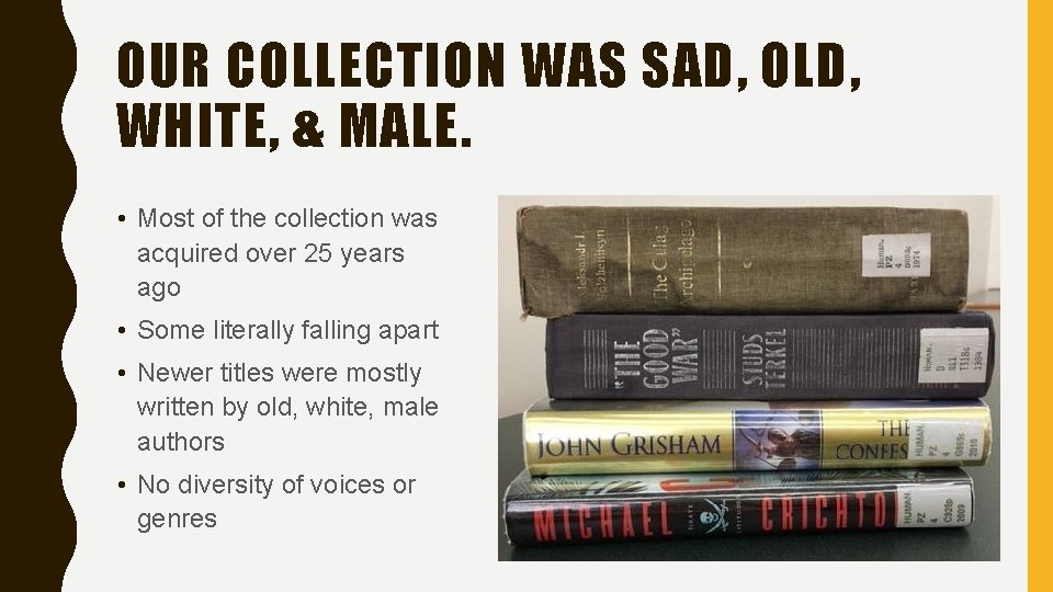 OUR COLLECTION WAS SAD, OLD, WHITE, & MALE. • Most of the collection was