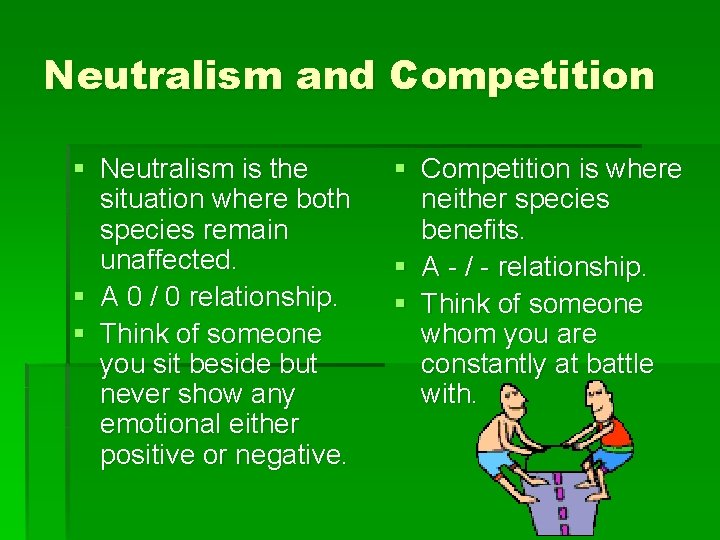 Neutralism and Competition § Neutralism is the situation where both species remain unaffected. §