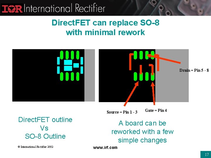 Direct. FET can replace SO-8 with minimal rework Drain = Pin 5 - 8