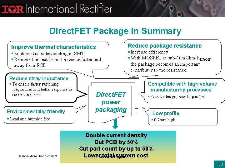 Direct. FET Package in Summary Improve thermal characteristics § Enables dual sided cooling in