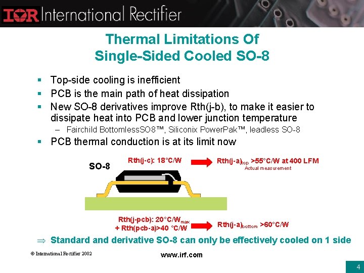 Thermal Limitations Of Single-Sided Cooled SO-8 § Top-side cooling is inefficient § PCB is