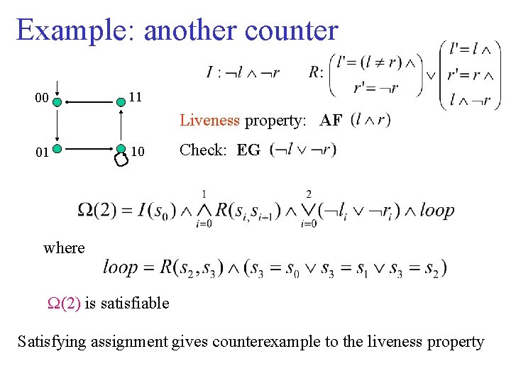 Example: another counter 00 11 Liveness property: AF 01 10 Check: EG where W(2)