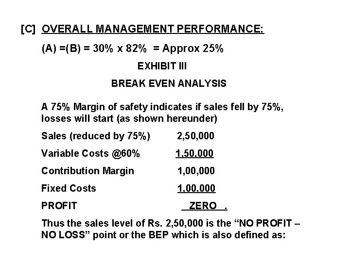 [C] OVERALL MANAGEMENT PERFORMANCE: (A) =(B) = 30% x 82% = Approx 25% EXHIBIT