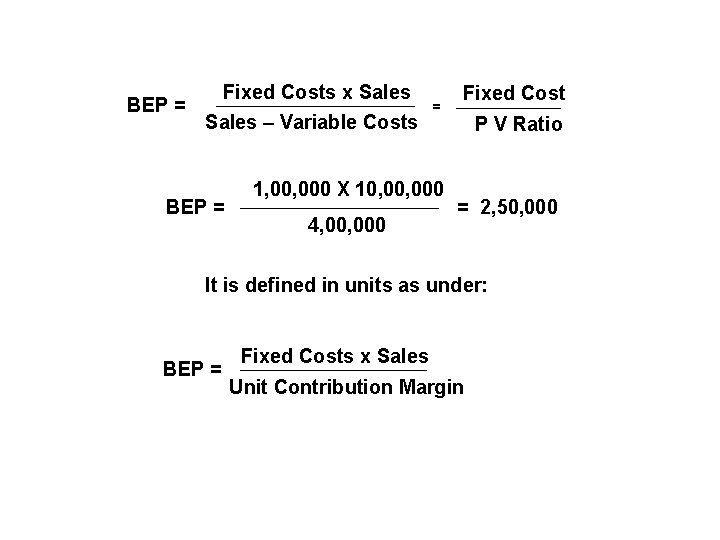 BEP = Fixed Costs x Sales – Variable Costs BEP = = 1, 000