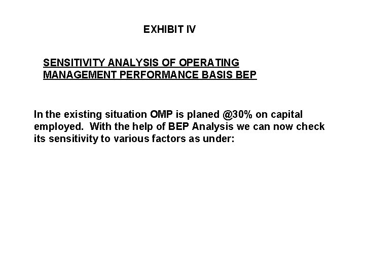 EXHIBIT IV SENSITIVITY ANALYSIS OF OPERATING MANAGEMENT PERFORMANCE BASIS BEP In the existing situation