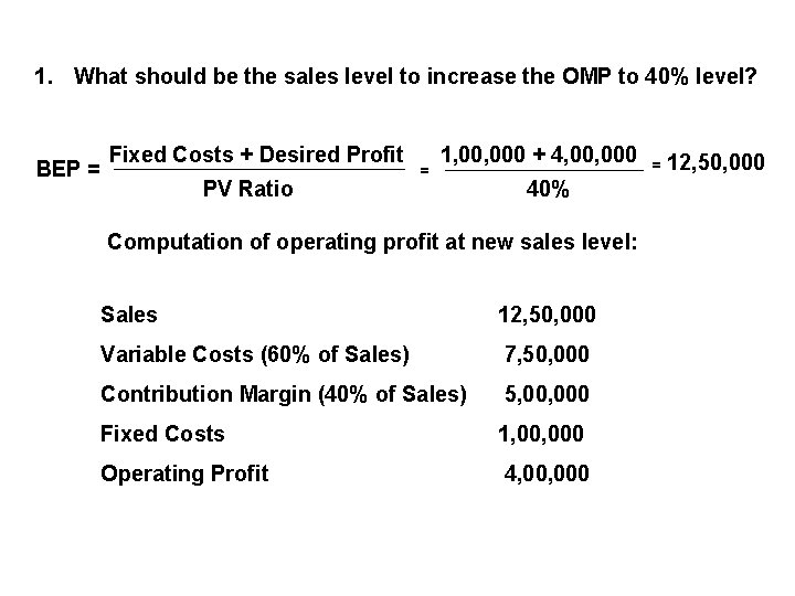 1. What should be the sales level to increase the OMP to 40% level?