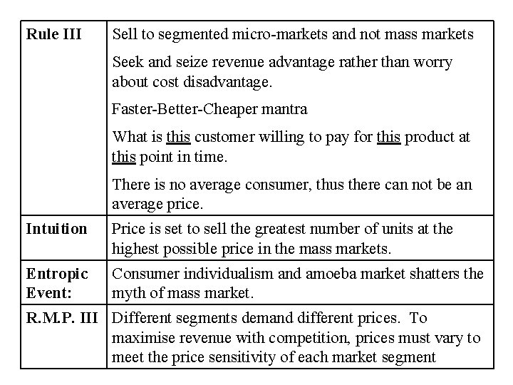 Rule III Sell to segmented micro-markets and not mass markets Seek and seize revenue