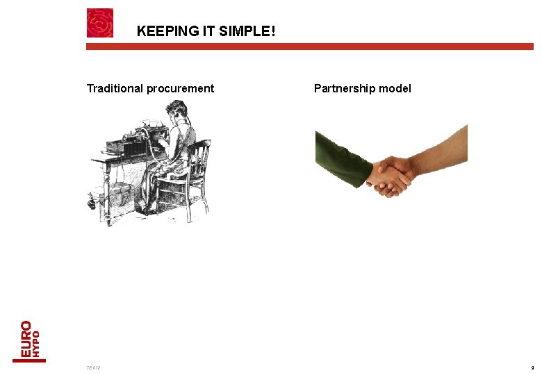 KEEPING IT SIMPLE! Traditional procurement 7 E 012 Partnership model 9 