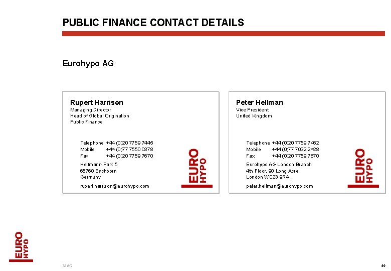 PUBLIC FINANCE CONTACT DETAILS Eurohypo AG Rupert Harrison Peter Hellman Managing Director Head of