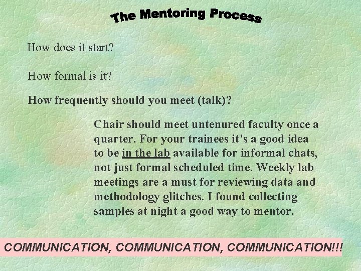 How does it start? How formal is it? How frequently should you meet (talk)?