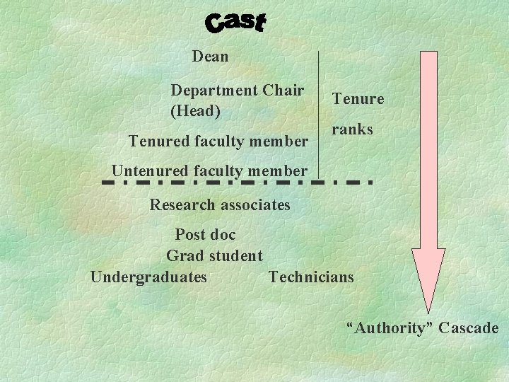 Dean Department Chair (Head) Tenured faculty member Tenure ranks Untenured faculty member Research associates