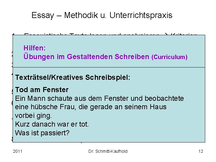Essay – Methodik u. Unterrichtspraxis 1. Essayistische Texte lesen und analysieren Kriterien entwickeln Hilfen: