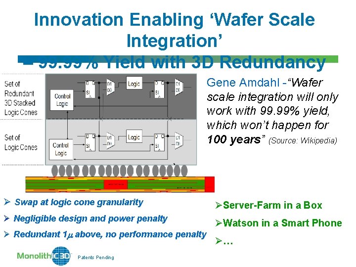 Innovation Enabling ‘Wafer Scale Integration’ – 99. 99% Yield with 3 D Redundancy Gene